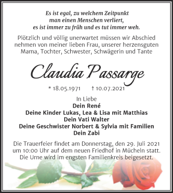 Traueranzeige von Claudia Passarge von Trauerkombi Merseburg
