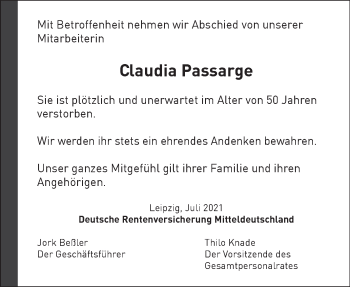 Traueranzeige von Claudia Passarge von Mitteldeutsche Zeitung Merseburg/Querfurt