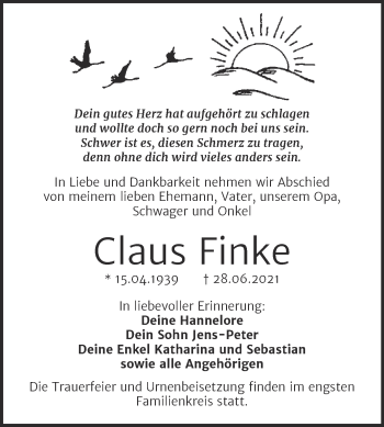 Traueranzeige von Claus Finke von Trauerkombi Aschersleben