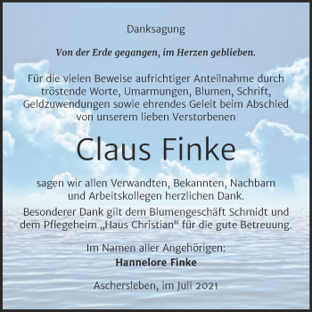 Traueranzeige von Claus Finke von Trauerkombi Aschersleben