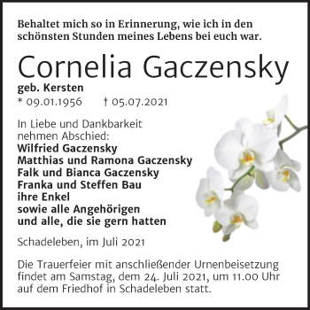 Traueranzeige von Cornelia Gaczensky von Trauerkombi Aschersleben