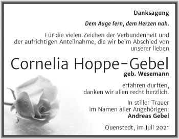 Traueranzeige von Cornelia Hoppe-Gebel von Trauerkombi Mansfelder Land
