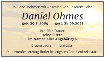 Traueranzeige von Daniel Ohmes von Trauerkombi Merseburg