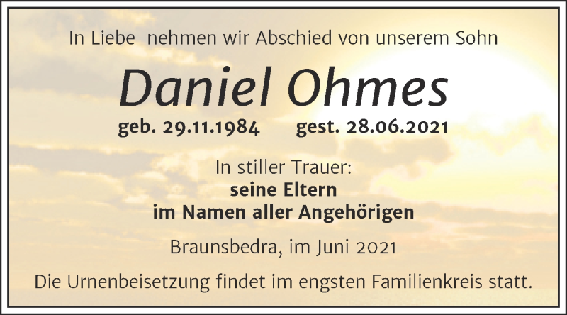  Traueranzeige für Daniel Ohmes vom 03.07.2021 aus Trauerkombi Merseburg
