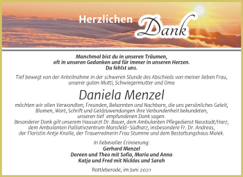 Traueranzeige von Daniela Menzel von Trauerkombi Sangerhausen