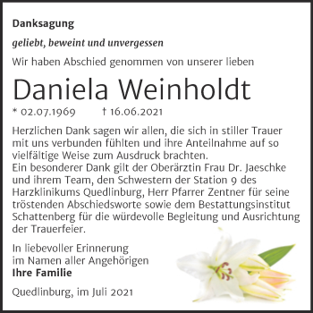 Traueranzeige von Daniela Weinholdt von Trauerkombi Quedlinburg