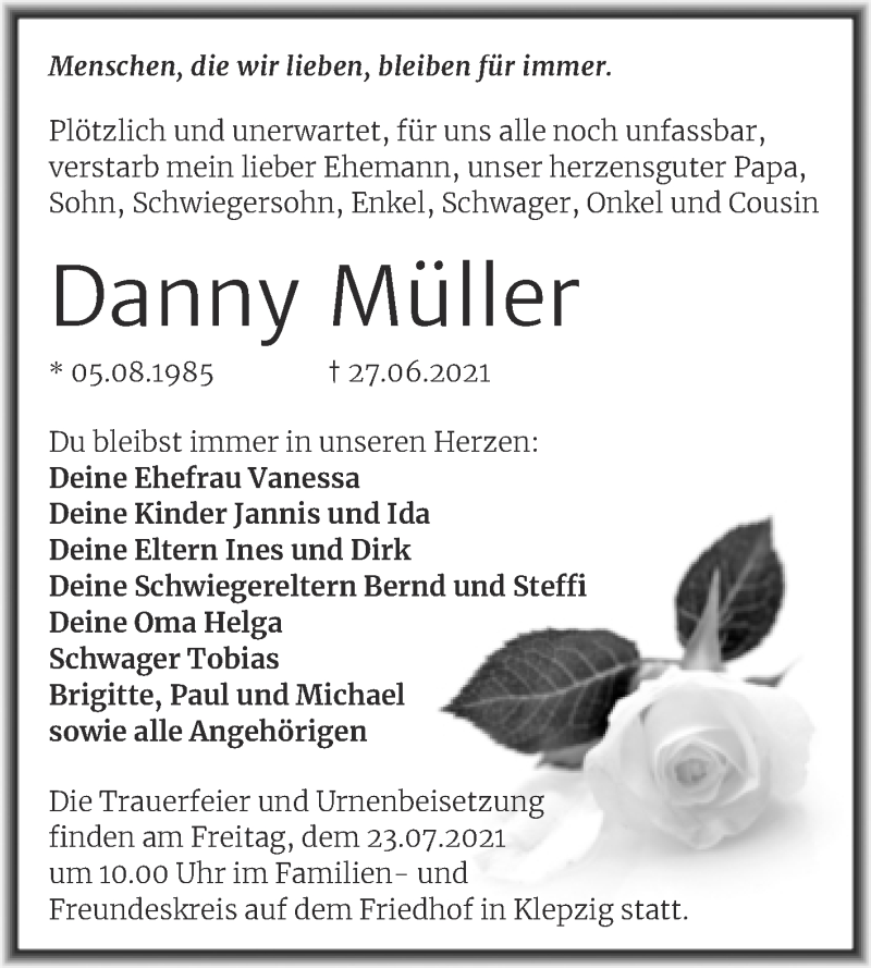  Traueranzeige für Danny Müller vom 10.07.2021 aus Trauerkombi Köthen
