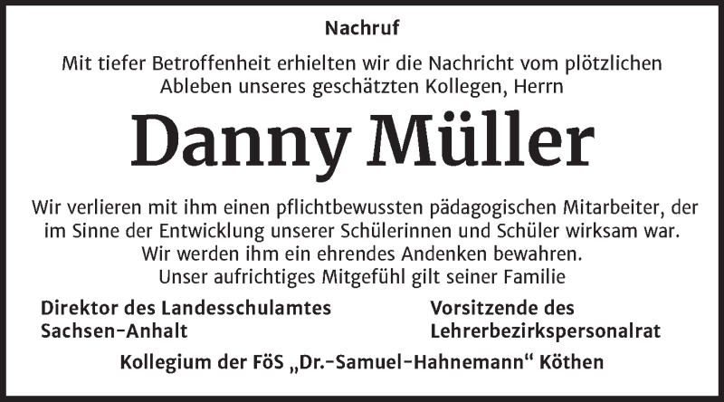  Traueranzeige für Danny Müller vom 17.07.2021 aus Mitteldeutsche Zeitung Köthen