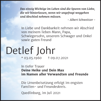 Traueranzeige von Detlef Johr von Trauerkombi Quedlinburg