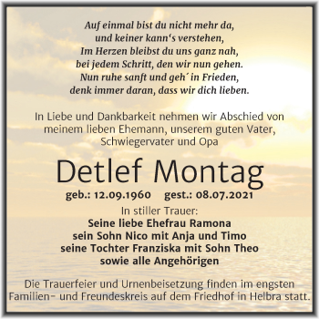 Traueranzeige von Detlef Montag von Trauerkombi Mansfelder Land