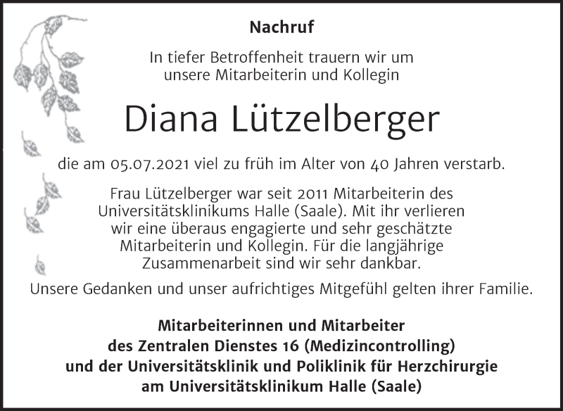  Traueranzeige für Diana Lützelberger vom 17.07.2021 aus Mitteldeutsche Zeitung Merseburg/Querfurt