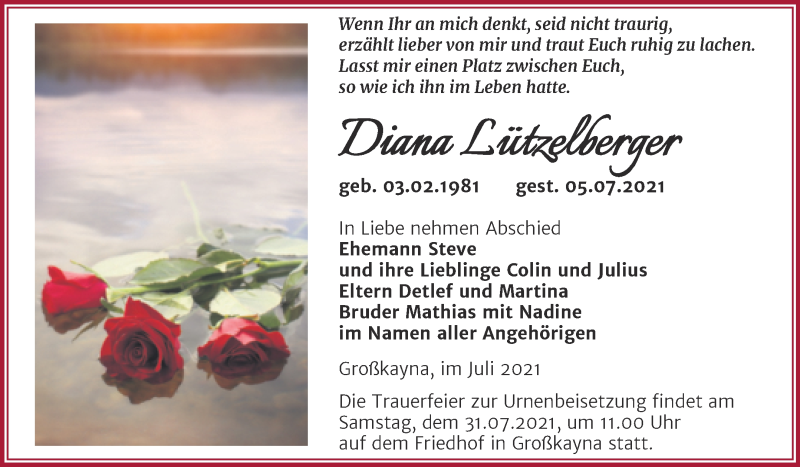  Traueranzeige für Diana Lützelberger vom 17.07.2021 aus Trauerkombi Merseburg