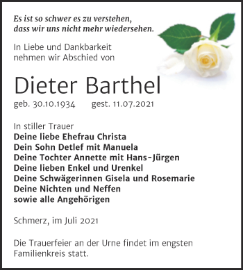 Traueranzeige von Dieter Barthel von Trauerkombi Bitterfeld