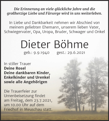 Traueranzeige von Dieter Böhme von Trauerkombi Merseburg