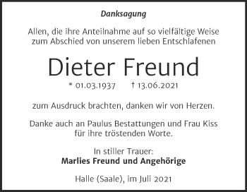 Traueranzeige von Dieter Freund von Mitteldeutsche Zeitung Halle/Saalkreis