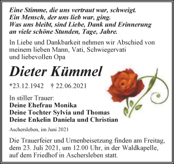 Traueranzeige von Dieter Kümmel von Trauerkombi Aschersleben