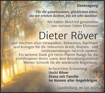 Traueranzeige von Dieter Röver von Trauerkombi Quedlinburg