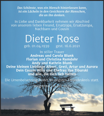 Traueranzeige von Dieter Rose von Trauerkombi Wittenberg