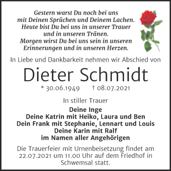 Traueranzeige von Dieter Schmidt von Trauerkombi Bitterfeld
