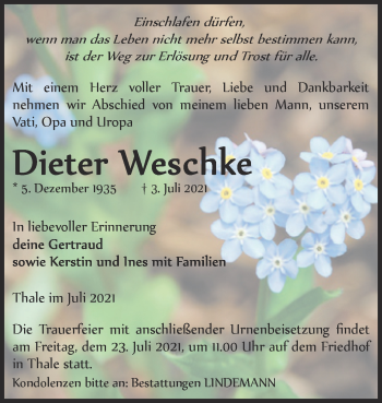 Traueranzeige von Dieter Weschke von Trauerkombi Quedlinburg