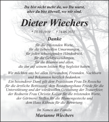 Traueranzeige von Dieter Wiechers von Trauerkombi Dessau