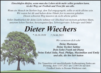 Traueranzeige von Dieter Wiechers von Trauerkombi Dessau