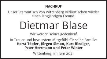 Traueranzeige von Dietmar Blase von Trauerkombi Wittenberg