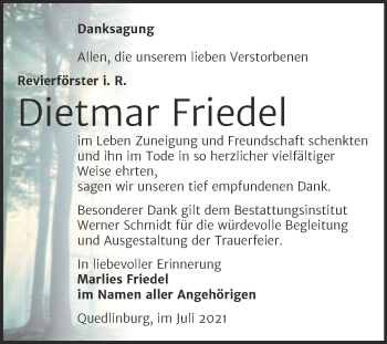 Traueranzeige von Dietmar Friedel von Trauerkombi Quedlinburg
