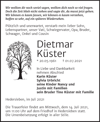 Traueranzeige von Dietmar Küster von Trauerkombi Quedlinburg