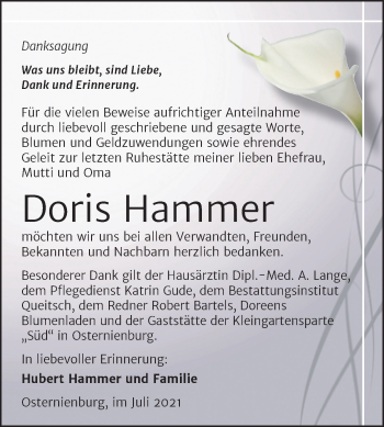 Traueranzeige von Doris Hammer von Trauerkombi Köthen