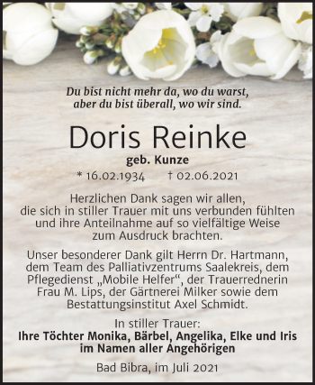 Traueranzeige von Doris Reinke von Wochenspiegel Naumburg/Nebra