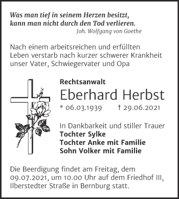 Traueranzeige von Eberhard Herbst von Trauerkombi Bernburg