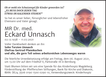 Traueranzeige von Eckard Unnasch von Trauerkombi Bernburg