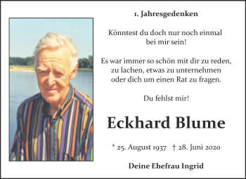 Traueranzeige von Eckhard Blume von Trauerkombi Bitterfeld