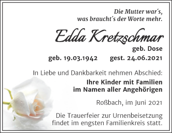 Traueranzeige von Edda Kretzschmar von Trauerkombi Merseburg