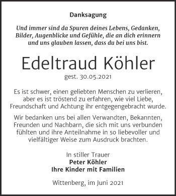 Traueranzeige von Edeltraud Köhler von Trauerkombi Wittenberg