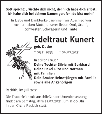 Traueranzeige von Edeltraut Kunert von Trauerkombi Wittenberg