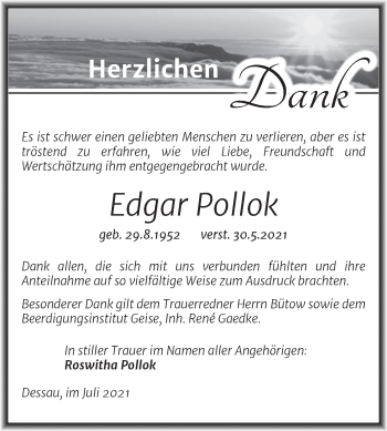 Traueranzeige von Edgar Pollok von Trauerkombi Dessau