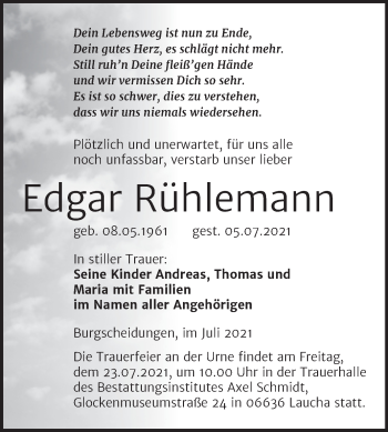 Traueranzeige von Edgar Rühlemann von Wochenspiegel Naumburg/Nebra