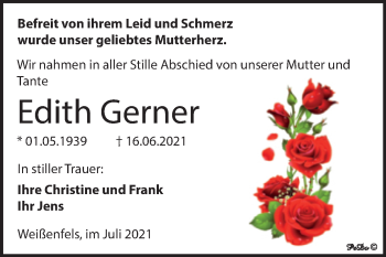 Traueranzeige von Edith Gerner von Trauerkombi Weißenfels