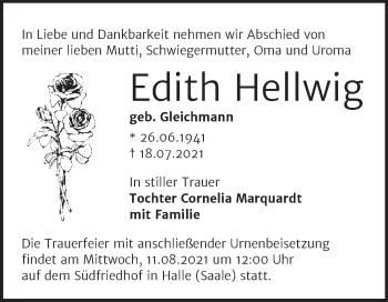 Traueranzeige von Edith Hellwig von Mitteldeutsche Zeitung Halle/Saalkreis