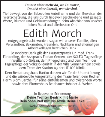 Traueranzeige von Edith Morch von Trauerkombi Köthen