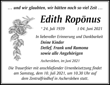 Traueranzeige von Edith Ropönus von Mitteldeutsche Zeitung Aschersleben