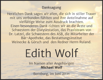 Traueranzeige von Edith Wolf von Trauerkombi Bernburg