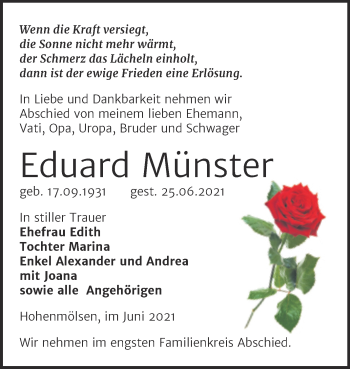 Traueranzeige von Eduard Münster von Trauerkombi Weißenfels