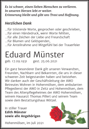 Traueranzeige von Eduard Münster von Trauerkombi Weißenfels