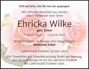 Traueranzeige von Ehricka Wilke von Trauerkombi Mansfelder Land