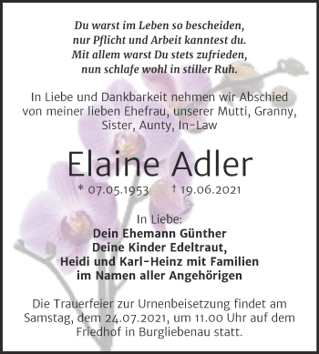 Traueranzeige von Elaine Adler von Trauerkombi Merseburg
