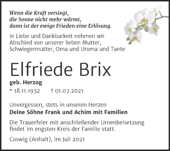 Traueranzeige von Elfriede Brix von Trauerkombi Wittenberg