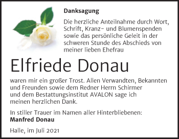 Traueranzeige von Elfriede Donau von Trauerkombi Merseburg
